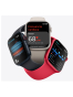 Fotografías Frontal de Apple Watch Series 8 Plata y Grafito y Oro y Rojo. Detalle de la pantalla: Pantalla de inicio