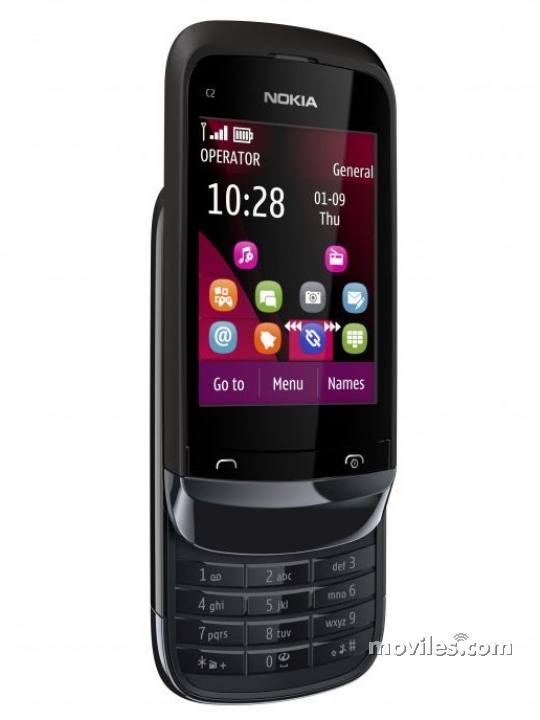 Fotografías Frontal y Lateral izquierdo y Teclado desplegable de Nokia C2-02 Negro. Detalle de la pantalla: Navegador de aplicaciones