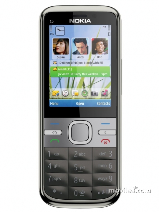 Fotografías Frontal de Nokia C5 Gris. Detalle de la pantalla: Reloj y Pantalla de inicio