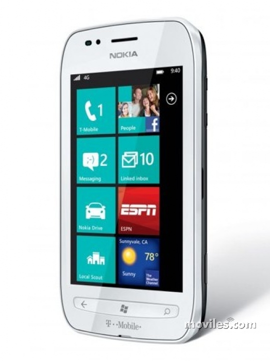 Fotografías Lateral derecho y Frontal de Nokia Lumia 710 T-Mobile Blanco y Negro. Detalle de la pantalla: Navegador de aplicaciones