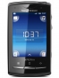 Fotografías Frontal y Teclado cerrado de Sony Ericsson Xperia X10 Mini Pro Negro. Detalle de la pantalla: Reloj y Pantalla de inicio